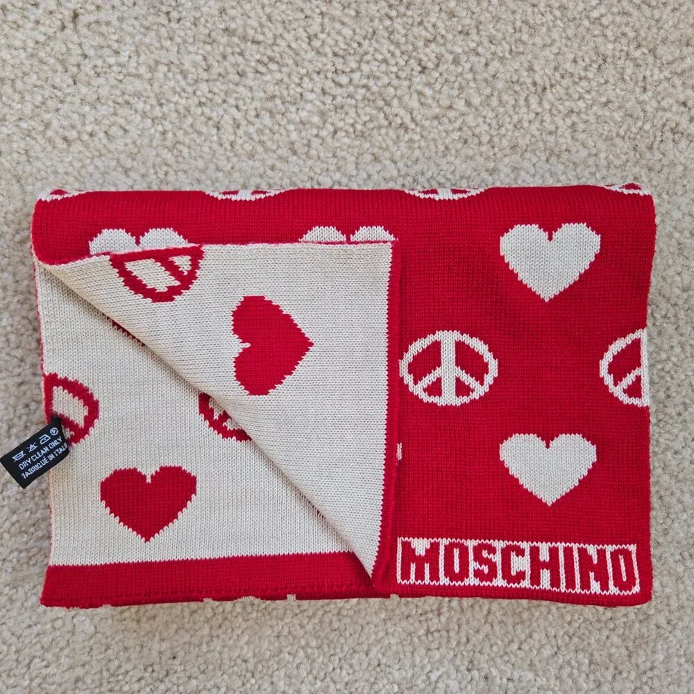Moschino Peace & Love Hearts Scarf Merino Wool Blend Red White